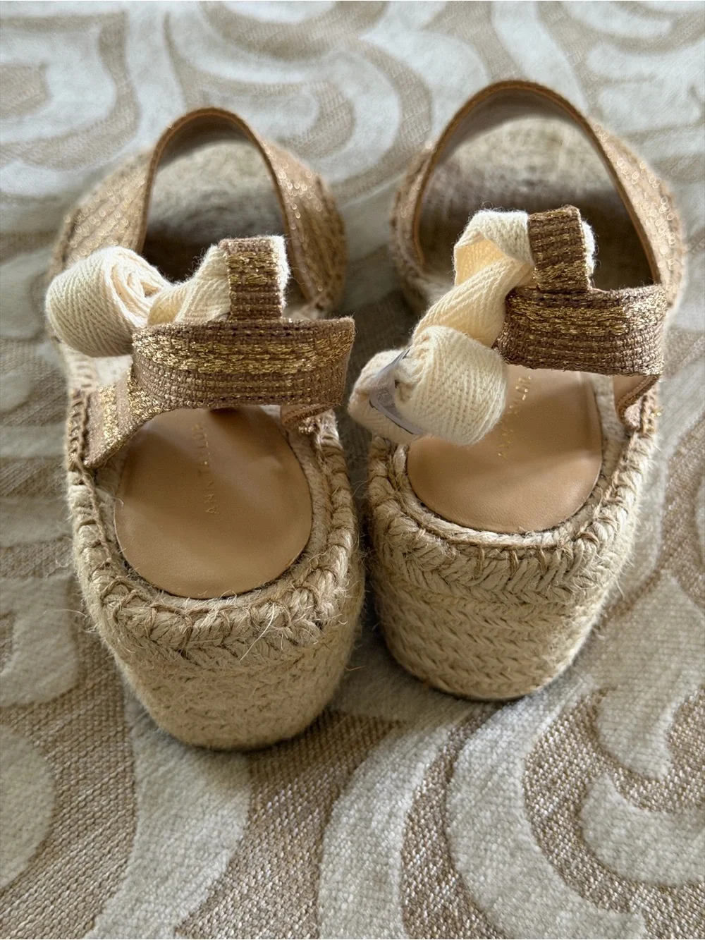 Ann Taylor Gold Metallic Ankle Tie Espadrille Wedge Sandals 9M NWOT